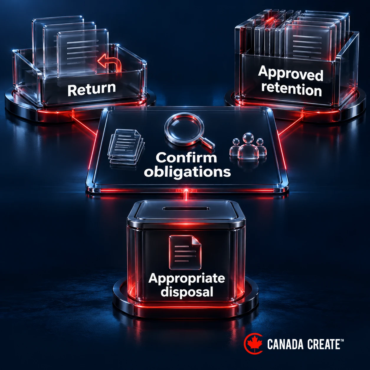 Three possible exit treatments show return, approved retention and appropriate disposal, each subject to confirmed obligations.