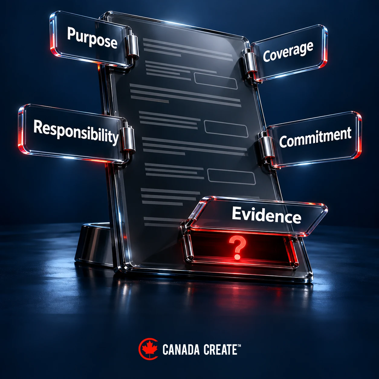 Five questions around a proposal cover purpose, coverage, responsibility, commitment and evidence, with unresolved items visible.
