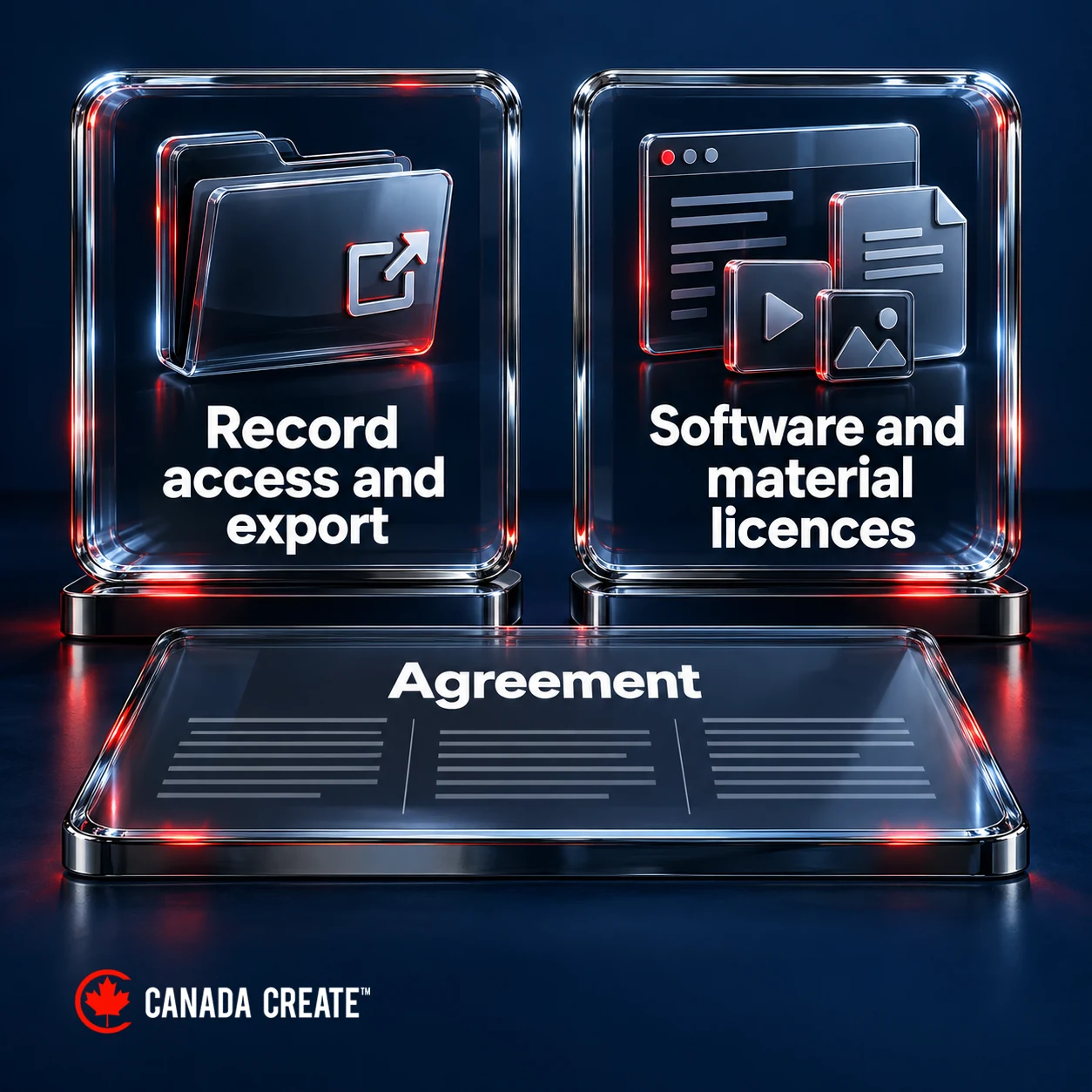 Record access and export rights are separated from software and material licences in a conceptual agreement diagram.