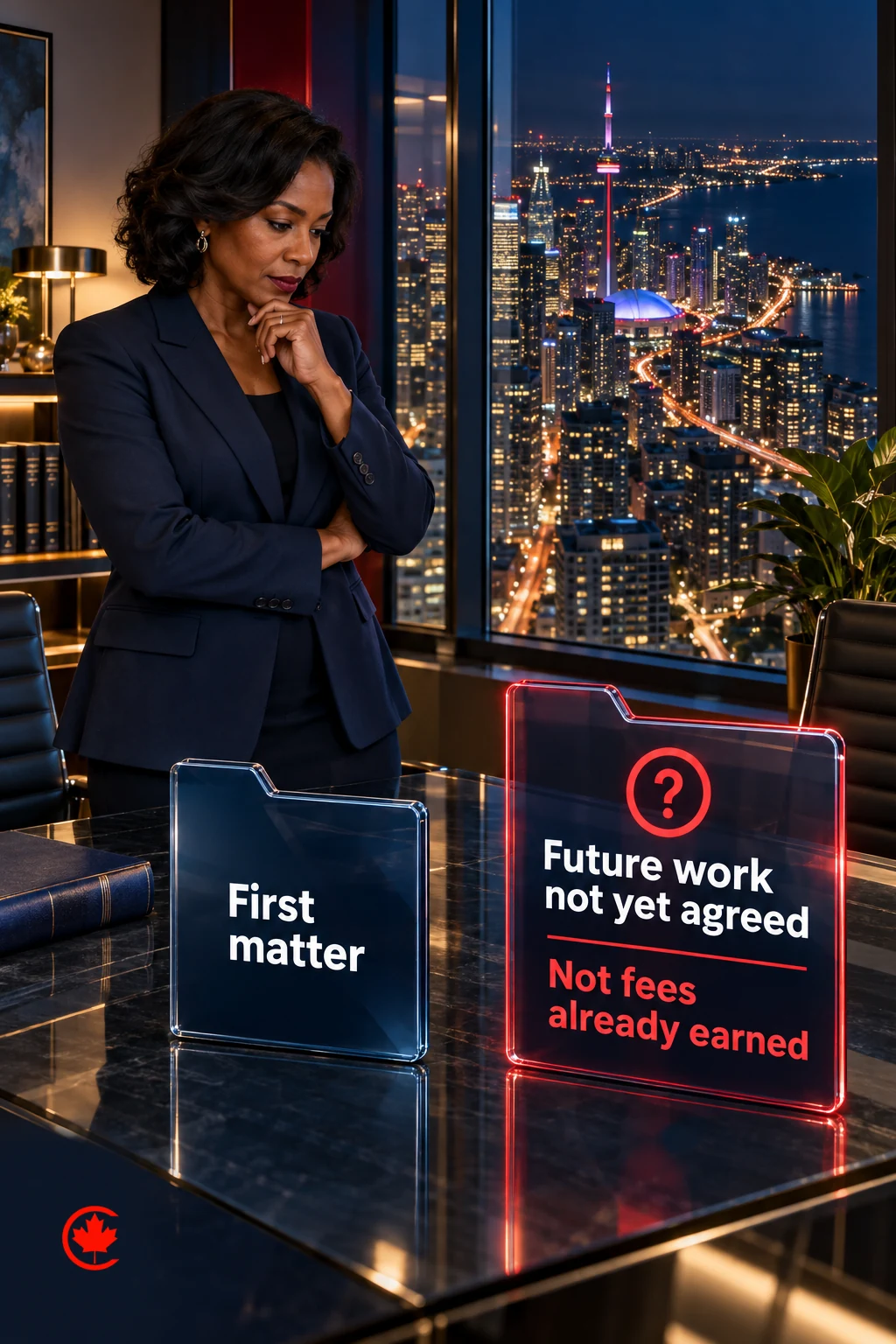 A first matter is separated from future work not yet agreed; that possible work is not fees already earned.