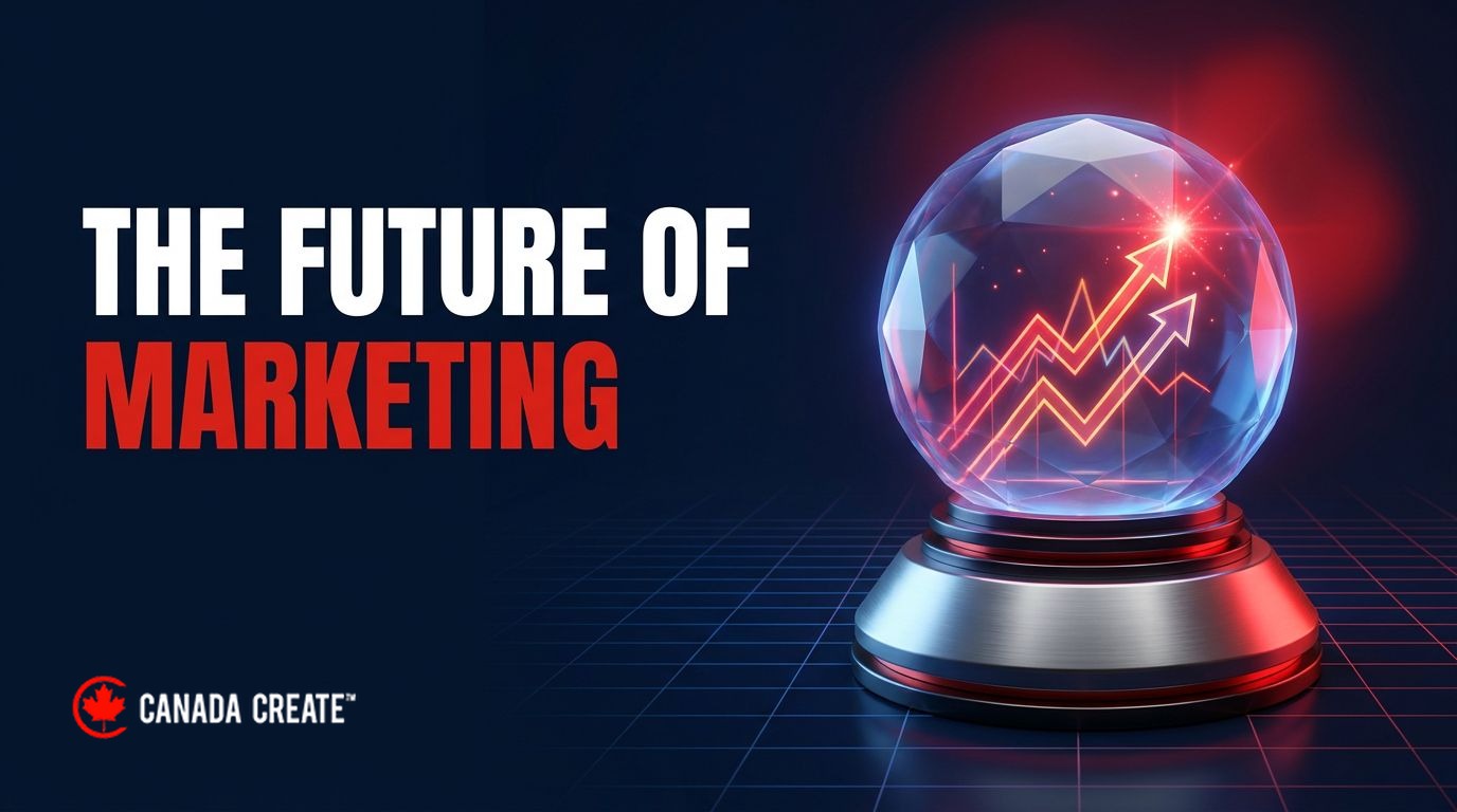 The future of marketing: a glowing crystal ball with rising chart lines and a red spark