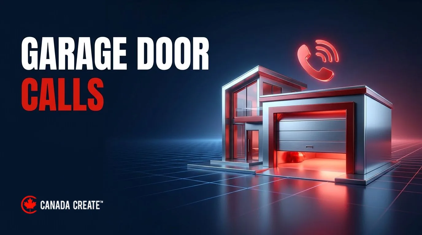 Garage door calls: a miniature house with its garage door rolling open, red light spilling out and a call icon above