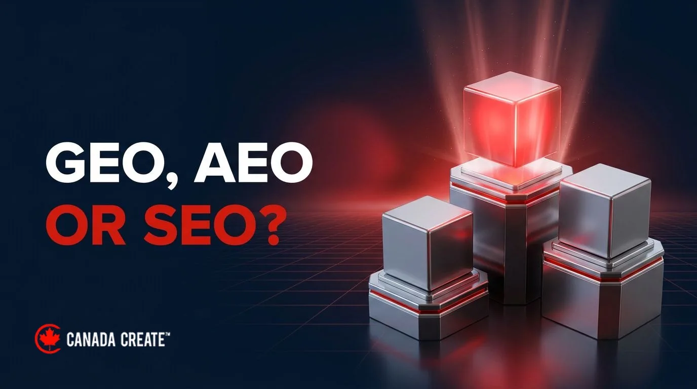 GEO, AEO or SEO: three glossy cubes on pedestals with the tallest one glowing red