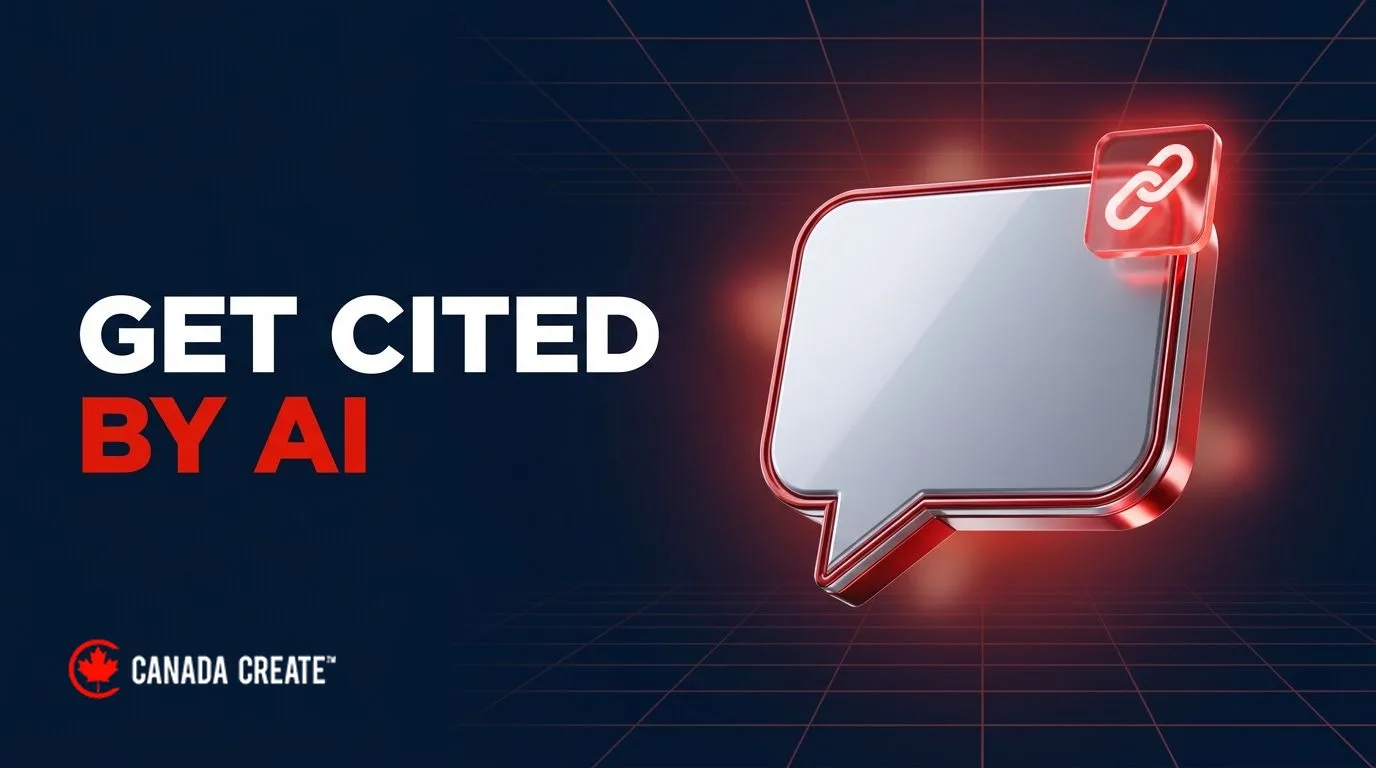 Get cited by AI: a glossy chat bubble with a glowing red source card and link icon attached