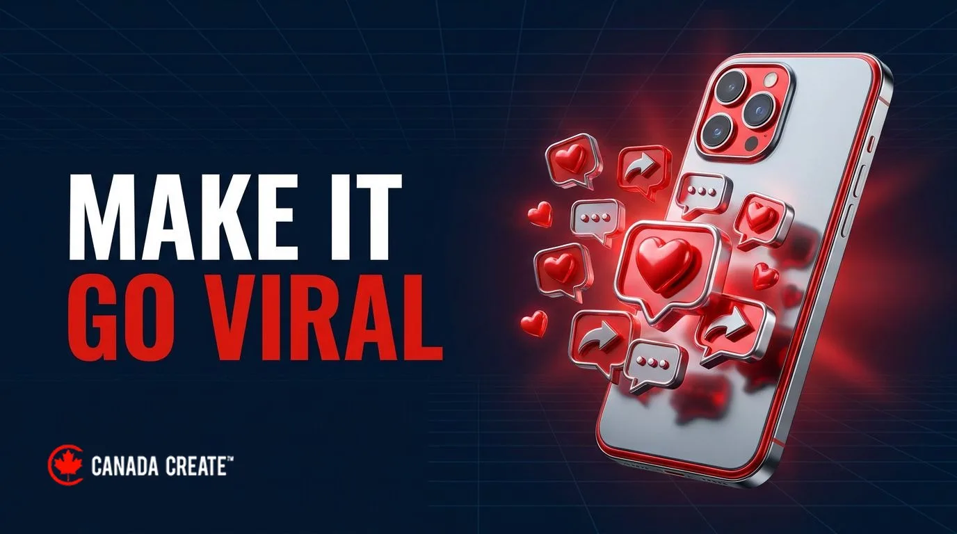 Make it go viral: smartphone with hearts, comments and share icons bursting from the screen