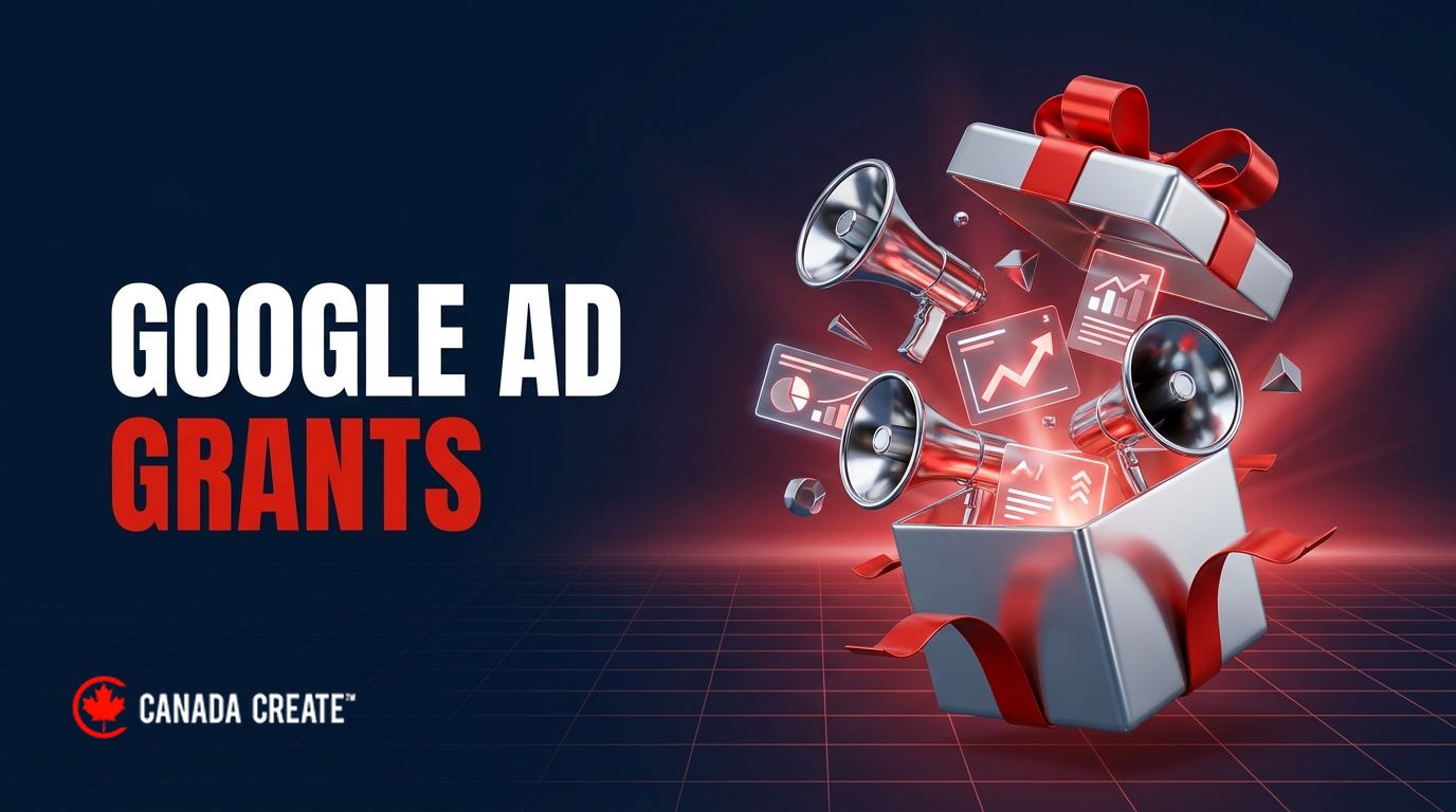 Google Ad Grants: a silver gift box with a red ribbon bursting open as megaphones and ad cards fly out