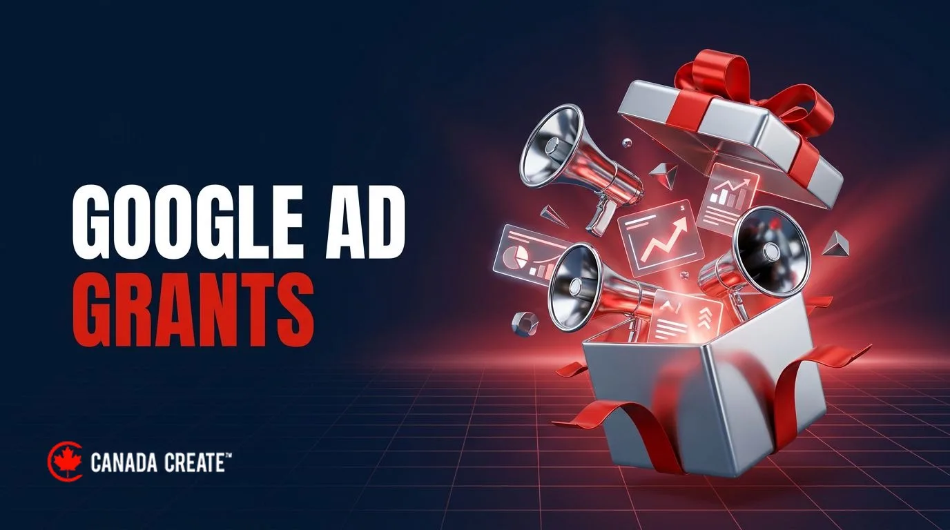 Google Ad Grants: a silver gift box with a red ribbon bursting open as megaphones and ad cards fly out