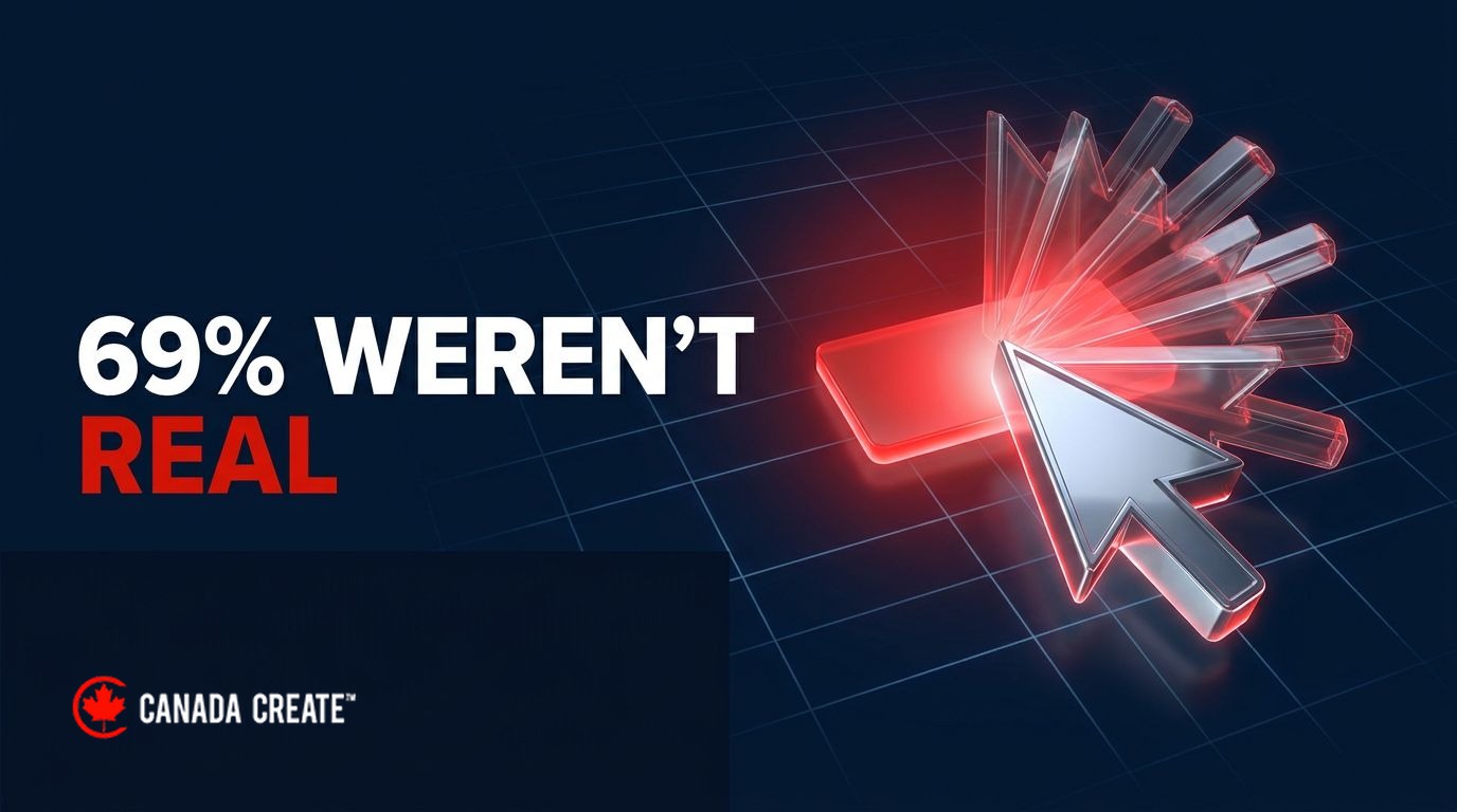 69% weren't real: a silver cursor clicking a red ad tile that splits into ghost copies