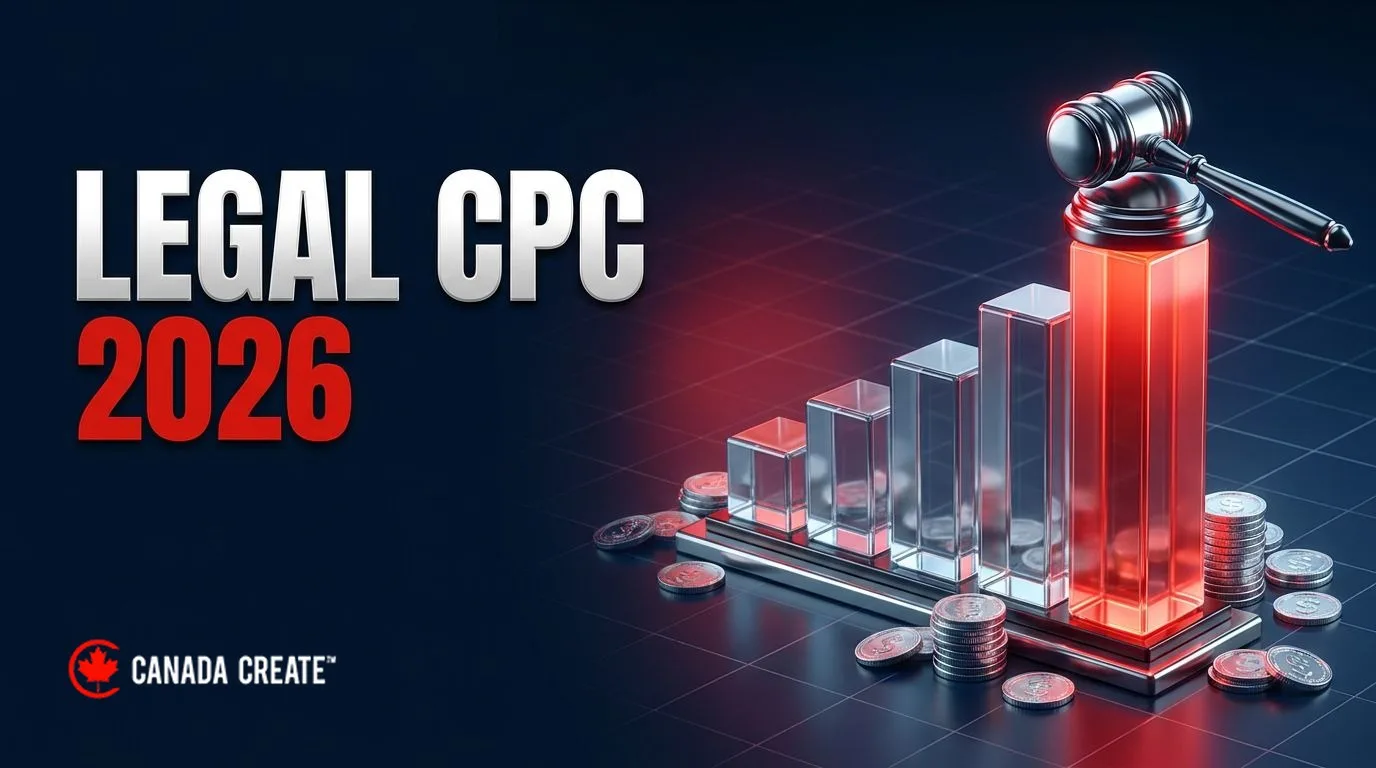 Legal CPC 2026: a glass bar chart with the tallest bar glowing red, a chrome gavel on top and coins at the base