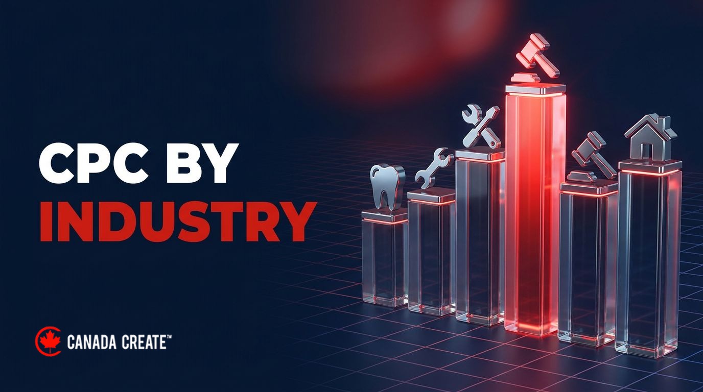 CPC by industry: glass bars topped with industry icons, the tallest bar glowing red