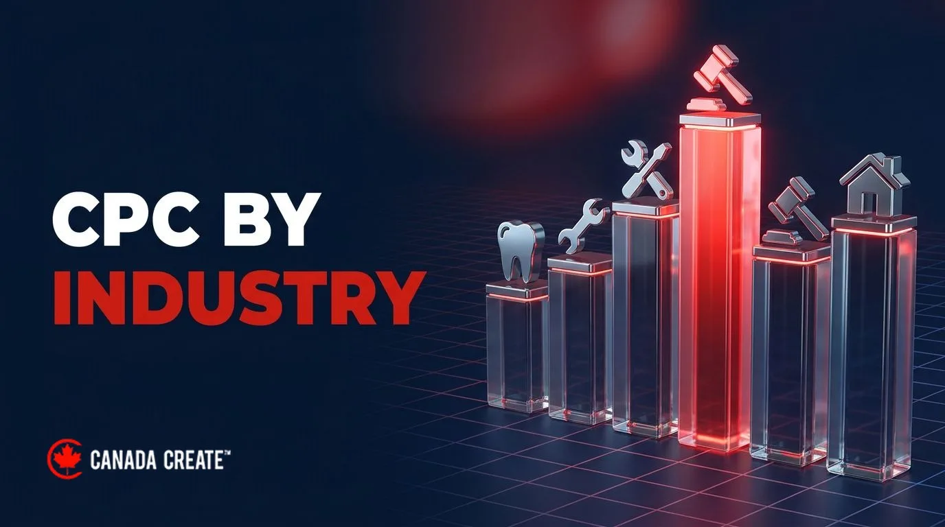 CPC by industry: glass bars topped with industry icons, the tallest bar glowing red