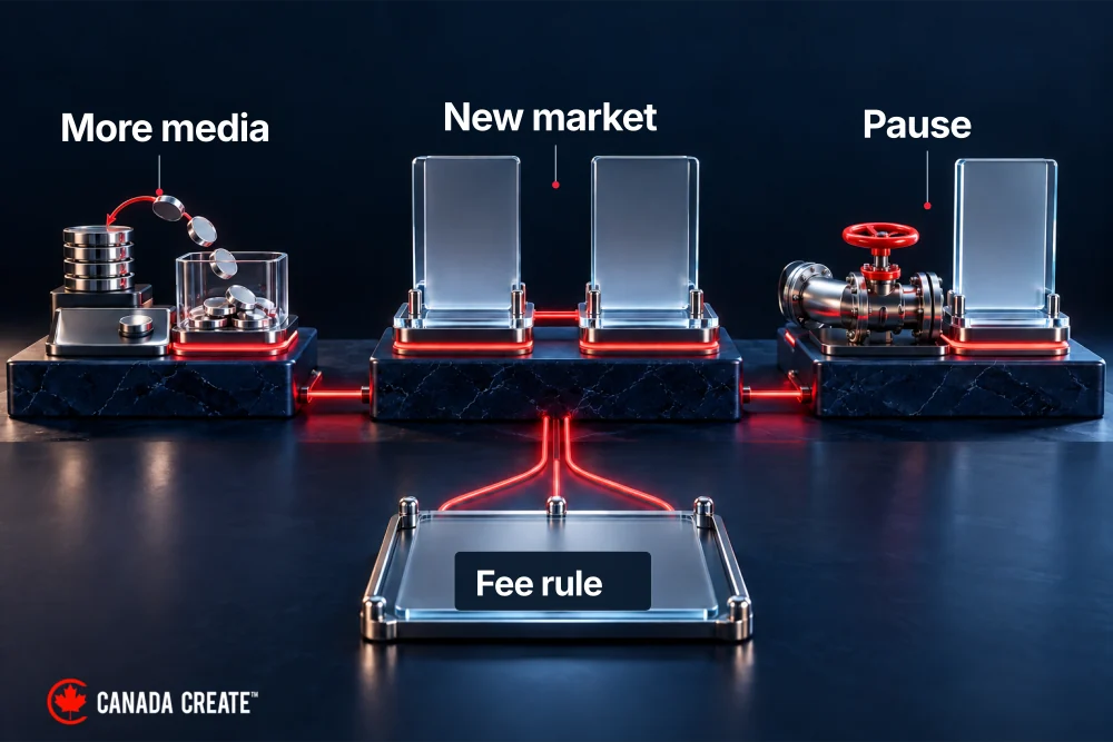 Three connected workstations represent higher spend, a new market and a pause, each feeding a fee rule.