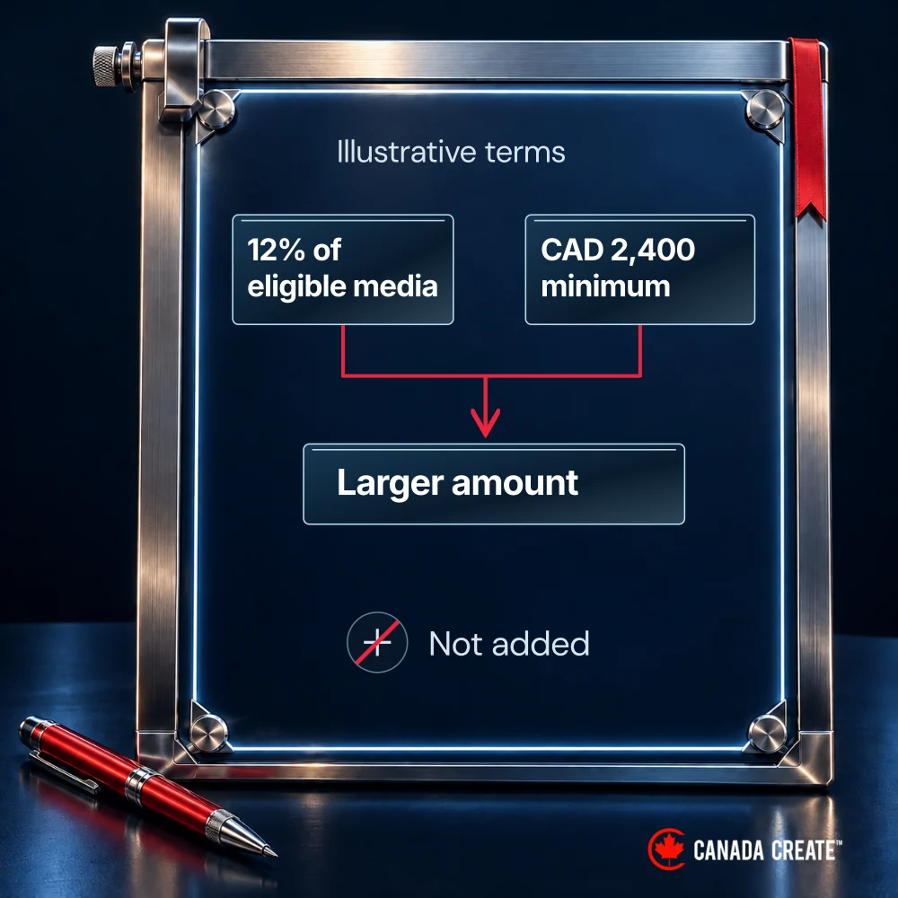 An illustrative fee clause is translated into the larger of 12% of eligible media or CAD 2,400.