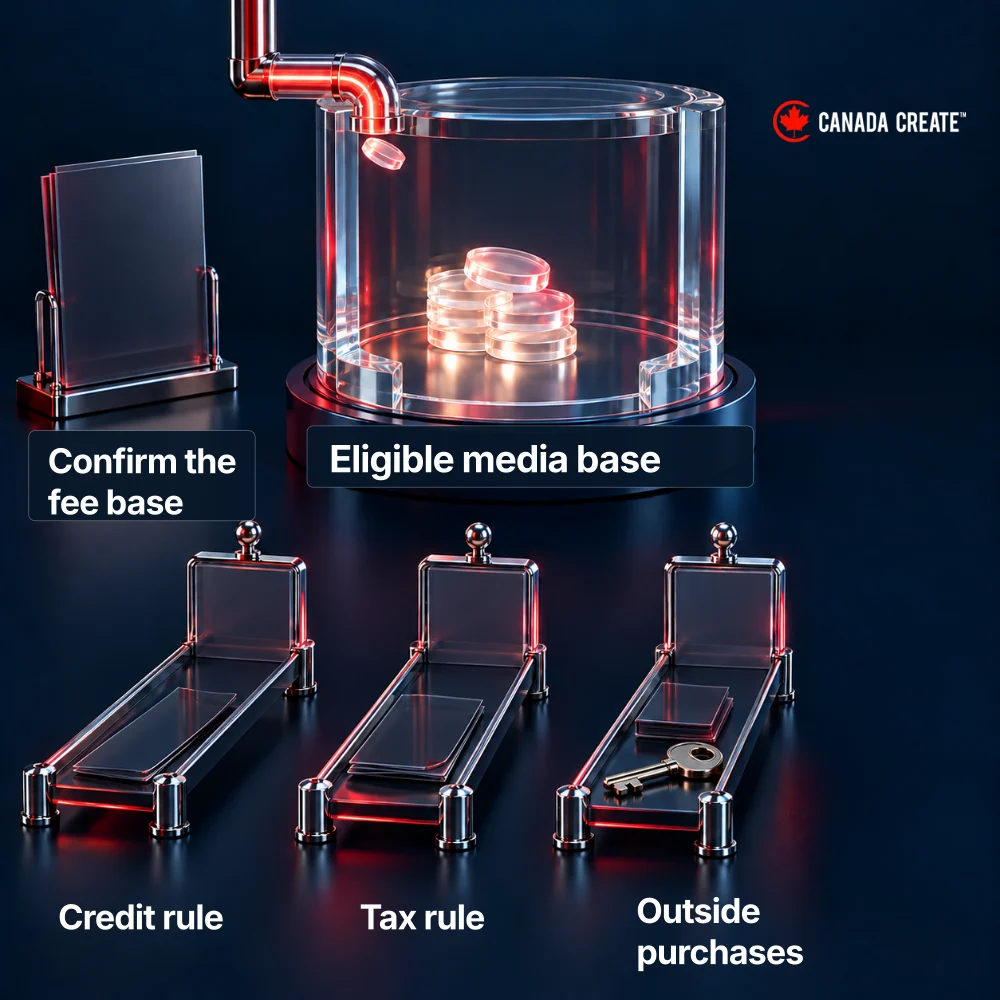 A transparent fee-base chamber accepts eligible media while separate gates mark unresolved adjustment rules.