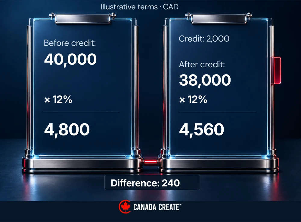 Two hypothetical credit treatments produce fees of CAD 4,800 and CAD 4,560, a CAD 240 difference.