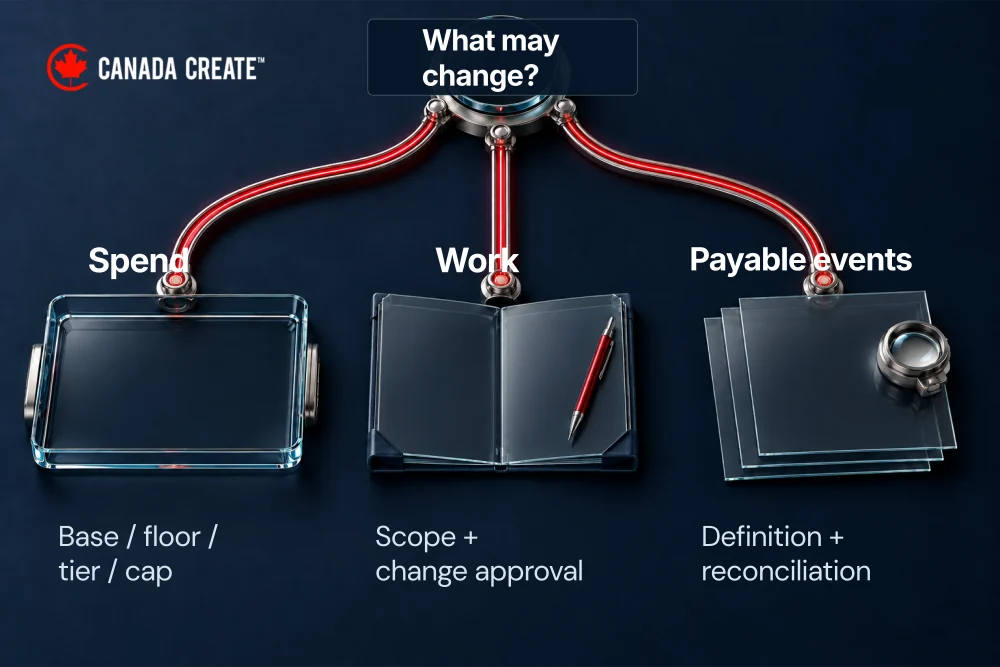 A decision map connects changing spend, changing work and payable events to the contract terms each requires.
