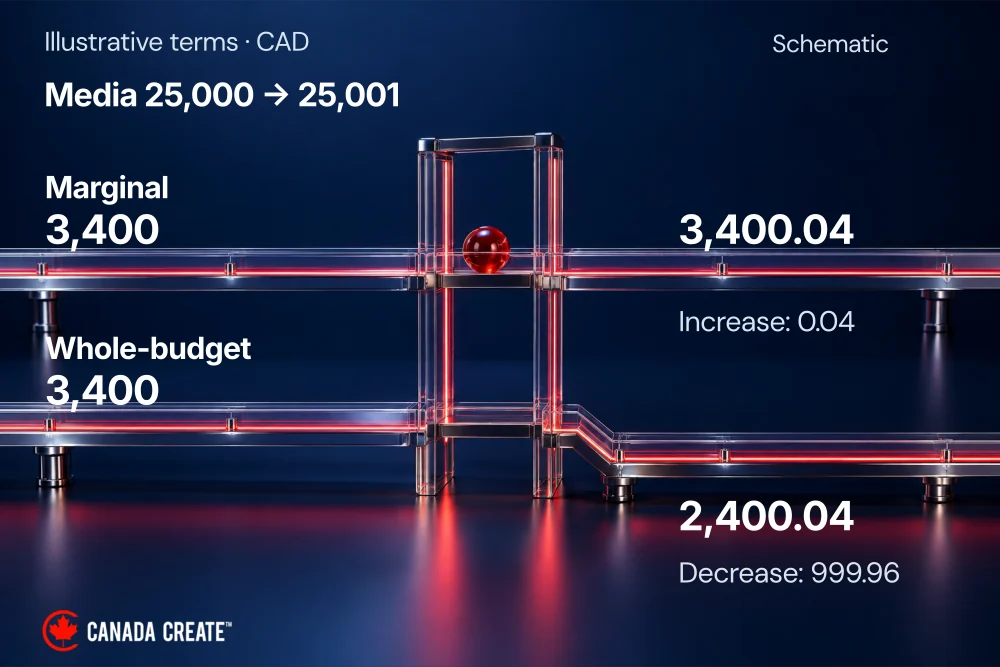 A one-dollar media increase causes a four-cent marginal increase or a CAD 999.96 whole-budget decrease.