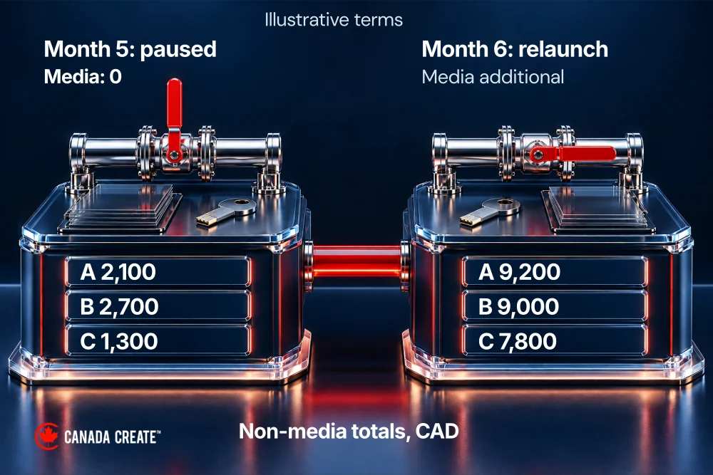 Pause and relaunch stages show continuing fees despite zero pause-month media.