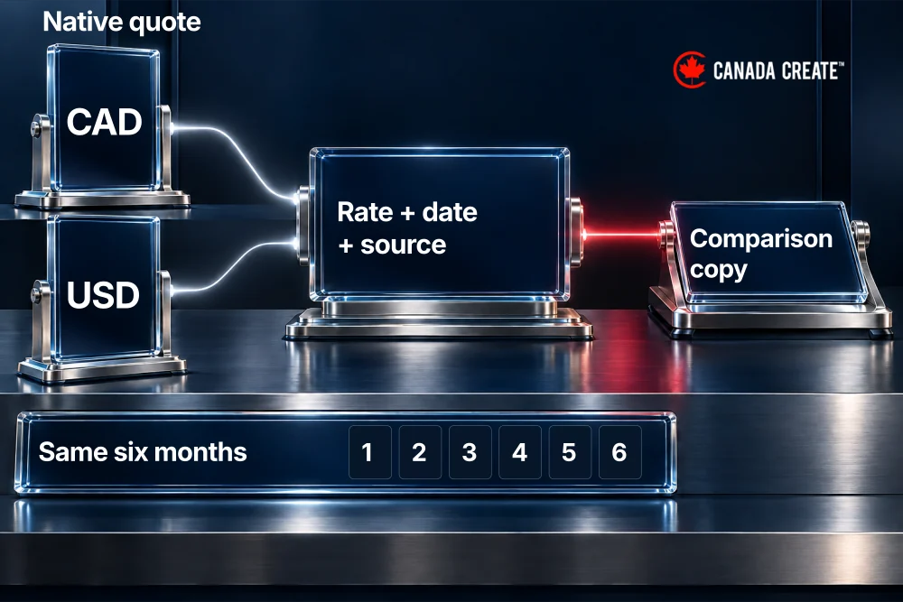 Native quotes are preserved while a separate comparison records currency conversion assumptions and matching periods.