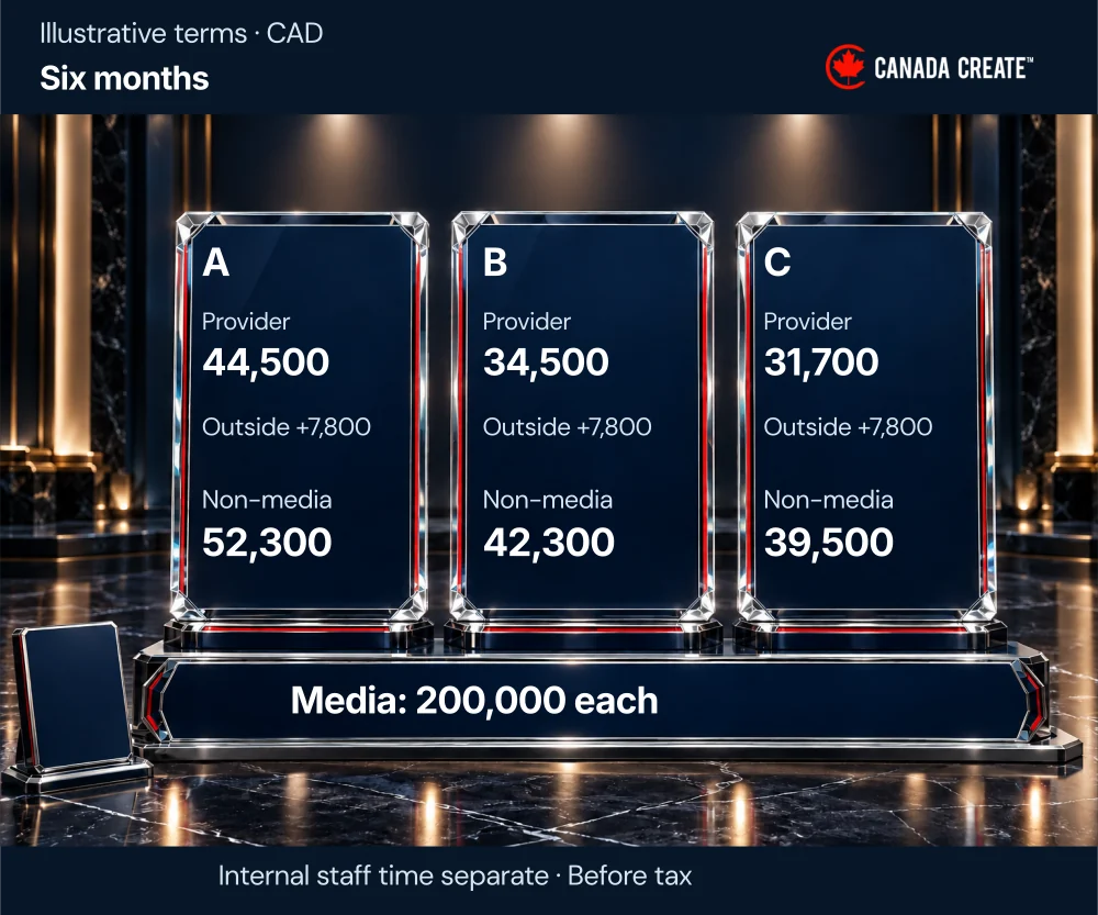 Three six-month non-media totals are compared beside equal media amounts, with internal time kept separate.