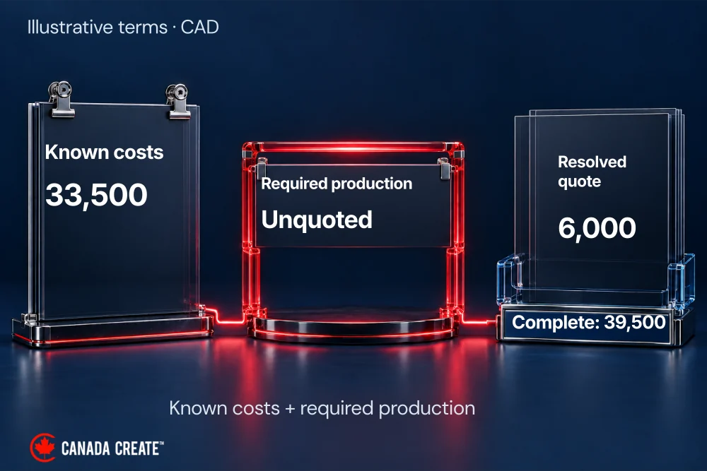 An unquoted production line leaves a CAD 33,500 subtotal incomplete until a CAD 6,000 quote is added.