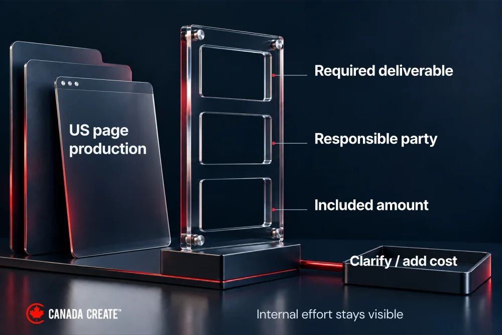 A scope-equivalence template checks the deliverable, responsible party and included amount before comparing fees.