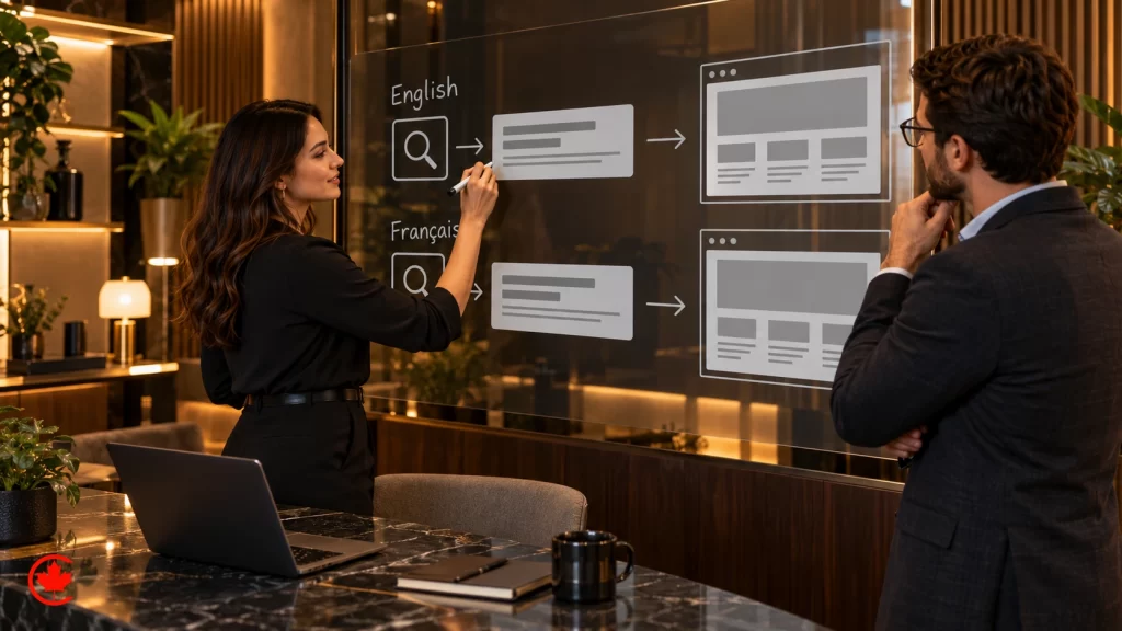 Two professionals review English and French search advertising routes with matching landing-page layouts.