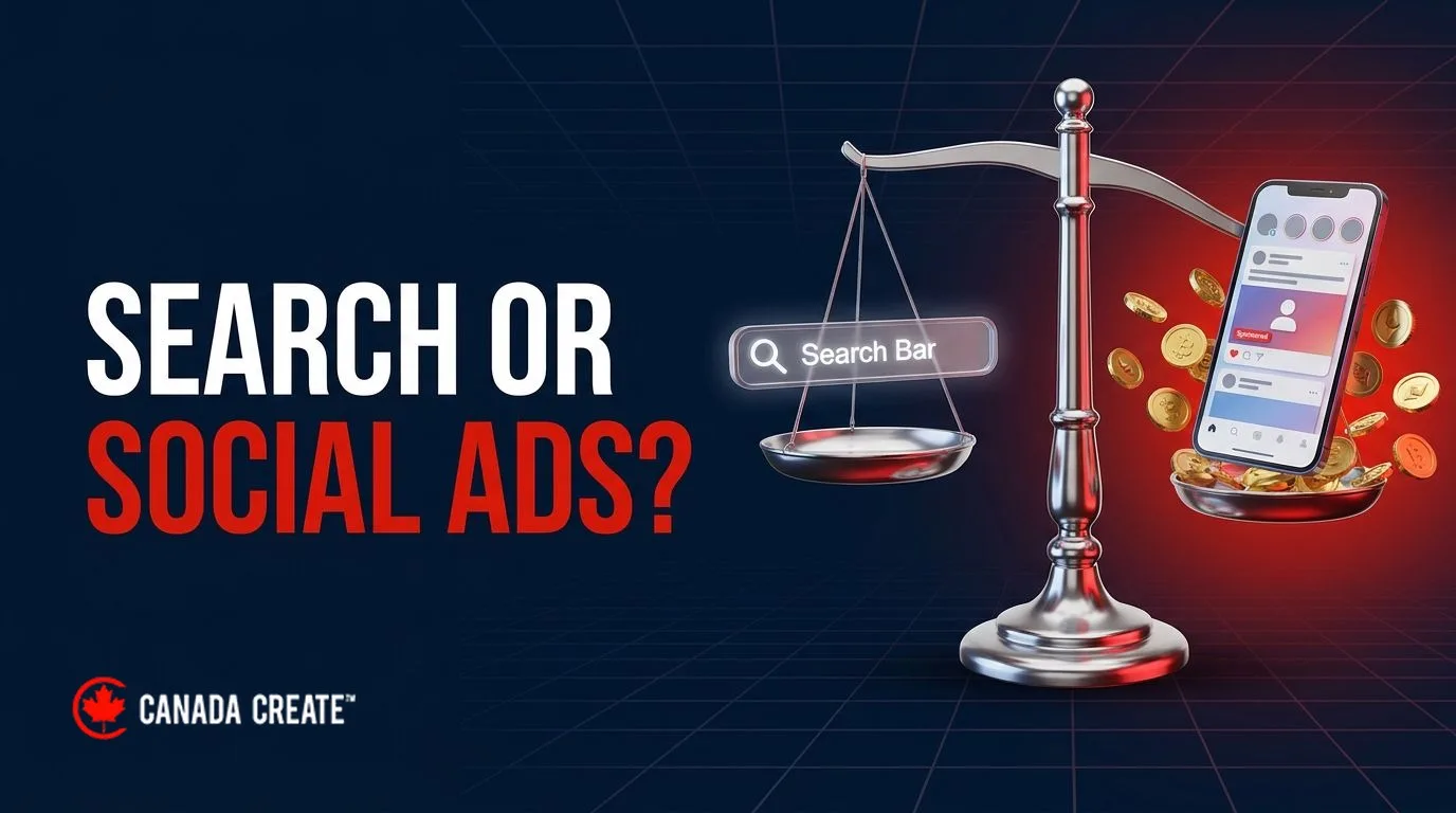 Search or social ads: a balance scale weighing a search bar against a social feed phone with coins