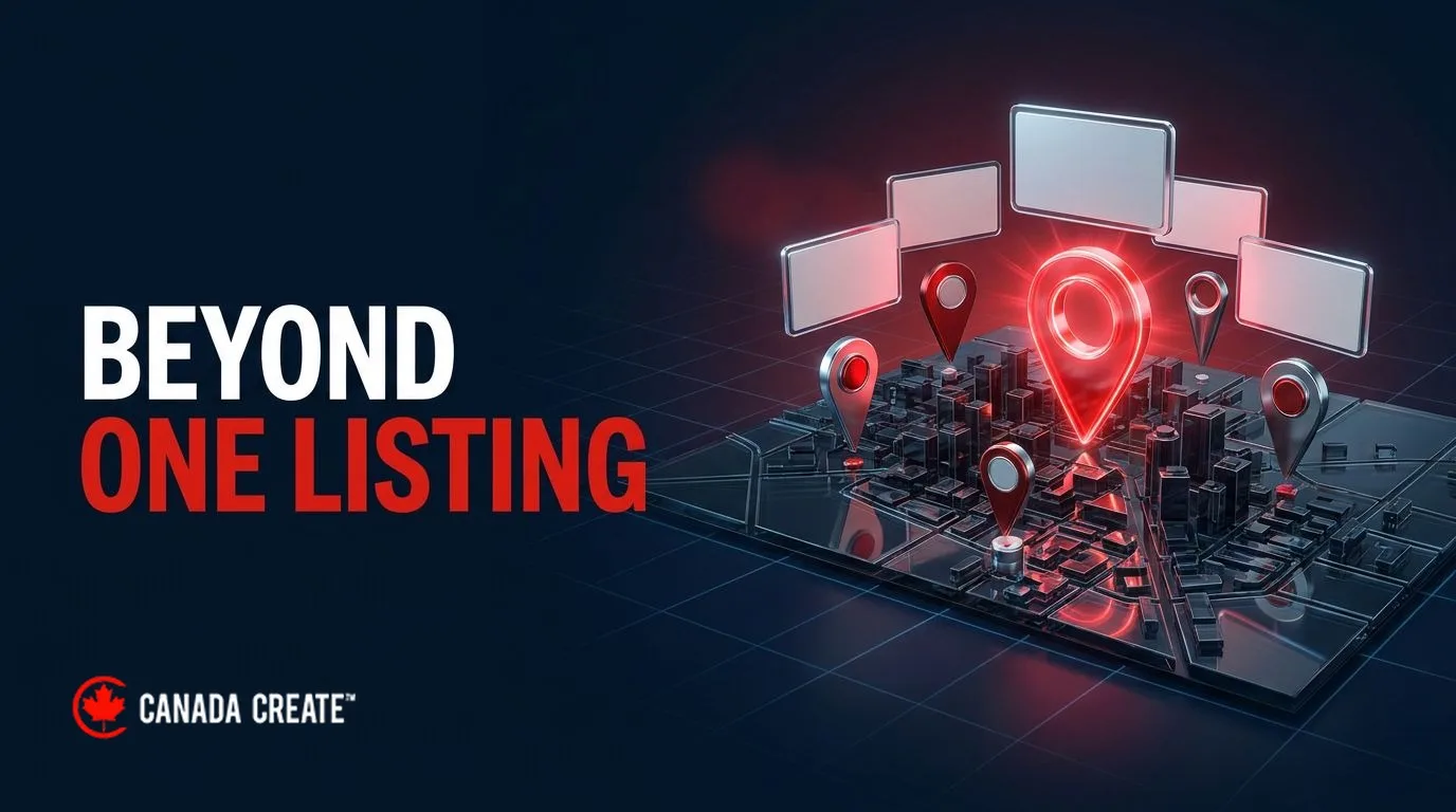 Beyond one listing: map pins rising from a glass city map, one glowing red, with listing cards floating above
