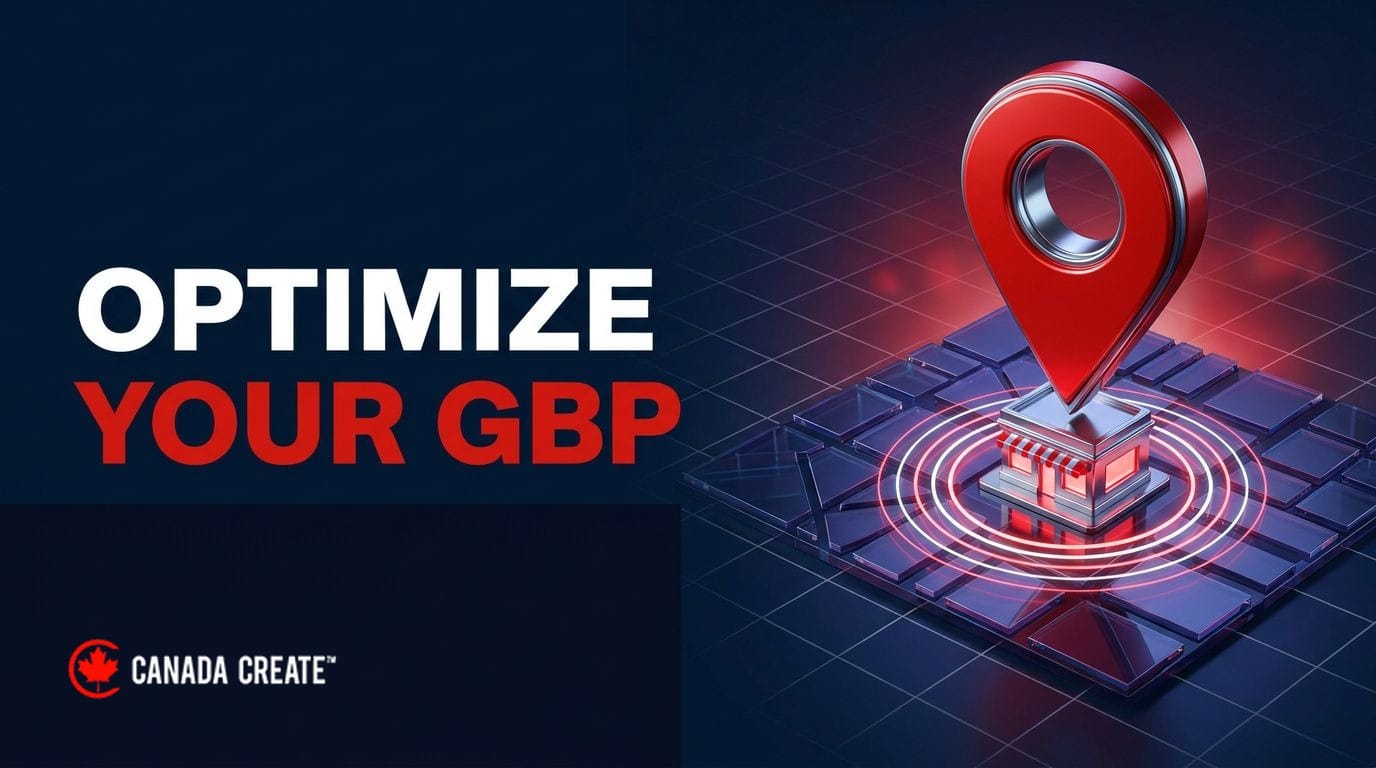 Optimize your GBP: a giant red map pin rising from a glass city map over a small storefront with pulsing rings