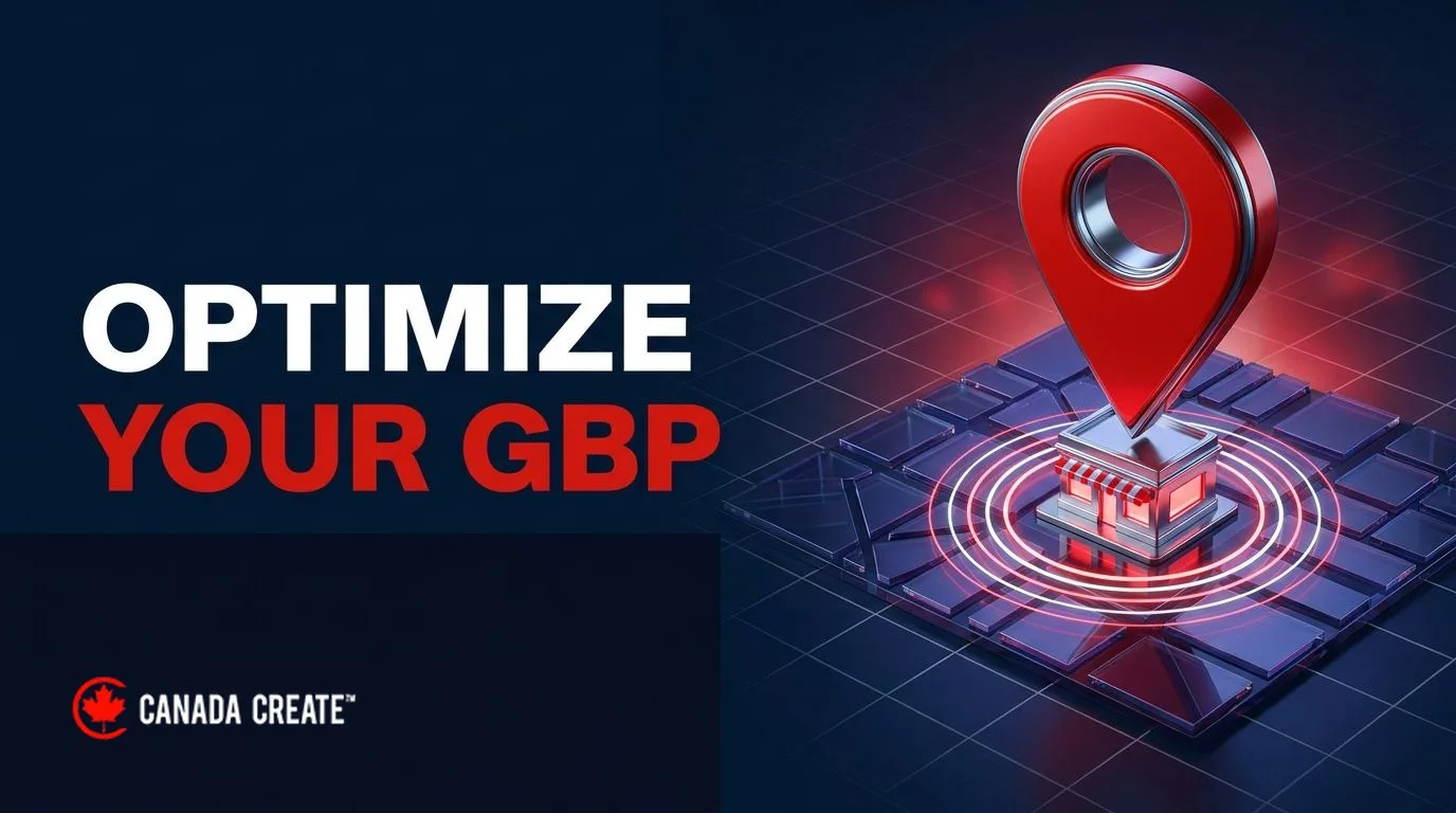 Optimize your GBP: a giant red map pin rising from a glass city map over a small storefront with pulsing rings