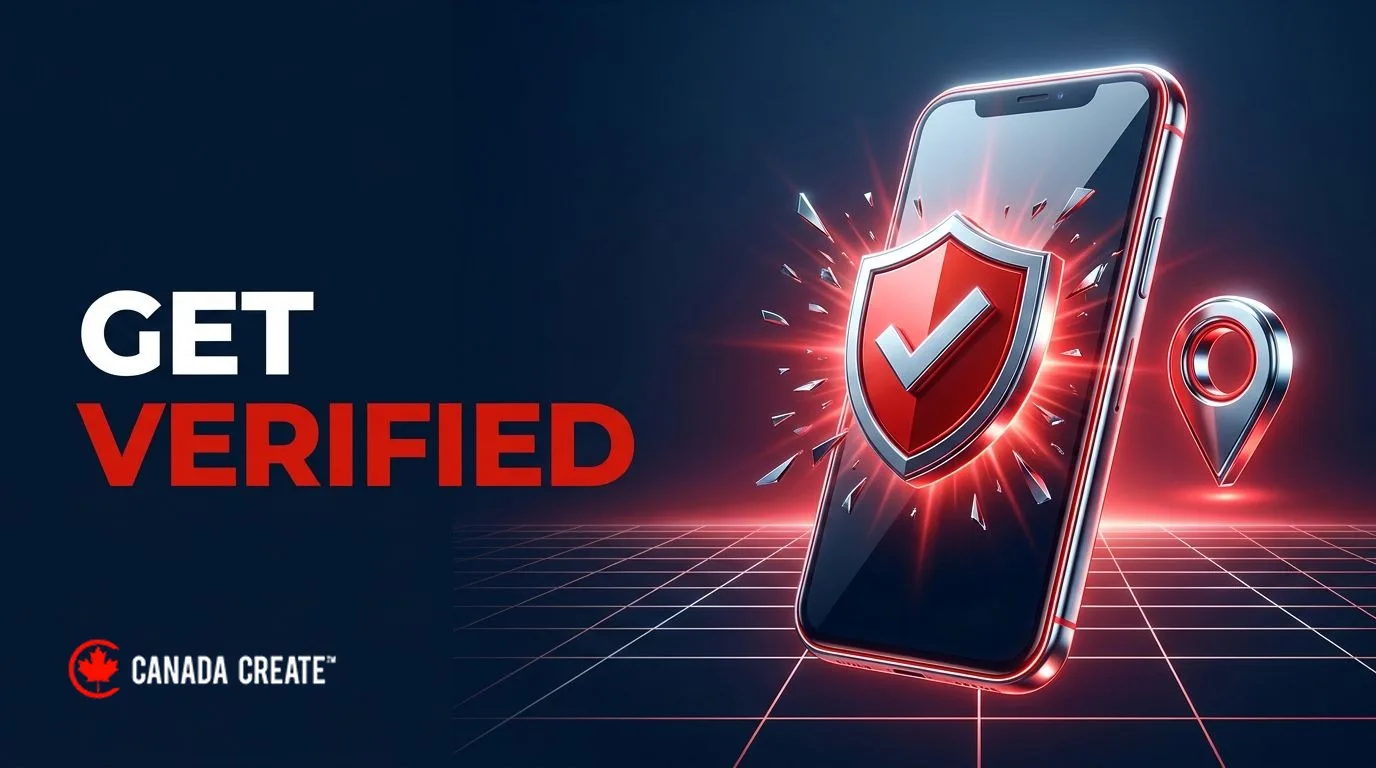 Get verified: a smartphone with a red verified badge shield bursting from the screen beside a chrome map pin