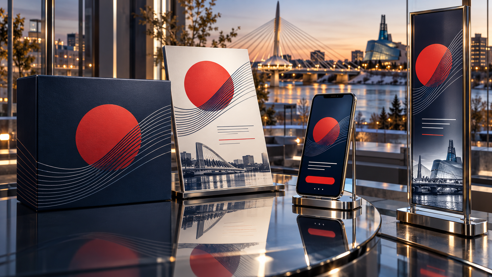 Coordinated packaging, signage, sales-sheet and digital-ad layouts using one visual identity for businesses in Toronto and across Canada.