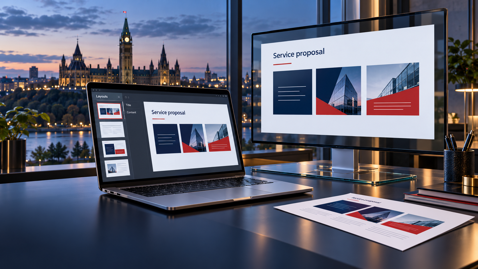 Editable presentation layouts and a matching sales sheet displayed on a laptop and screen for businesses in Toronto and across Canada.