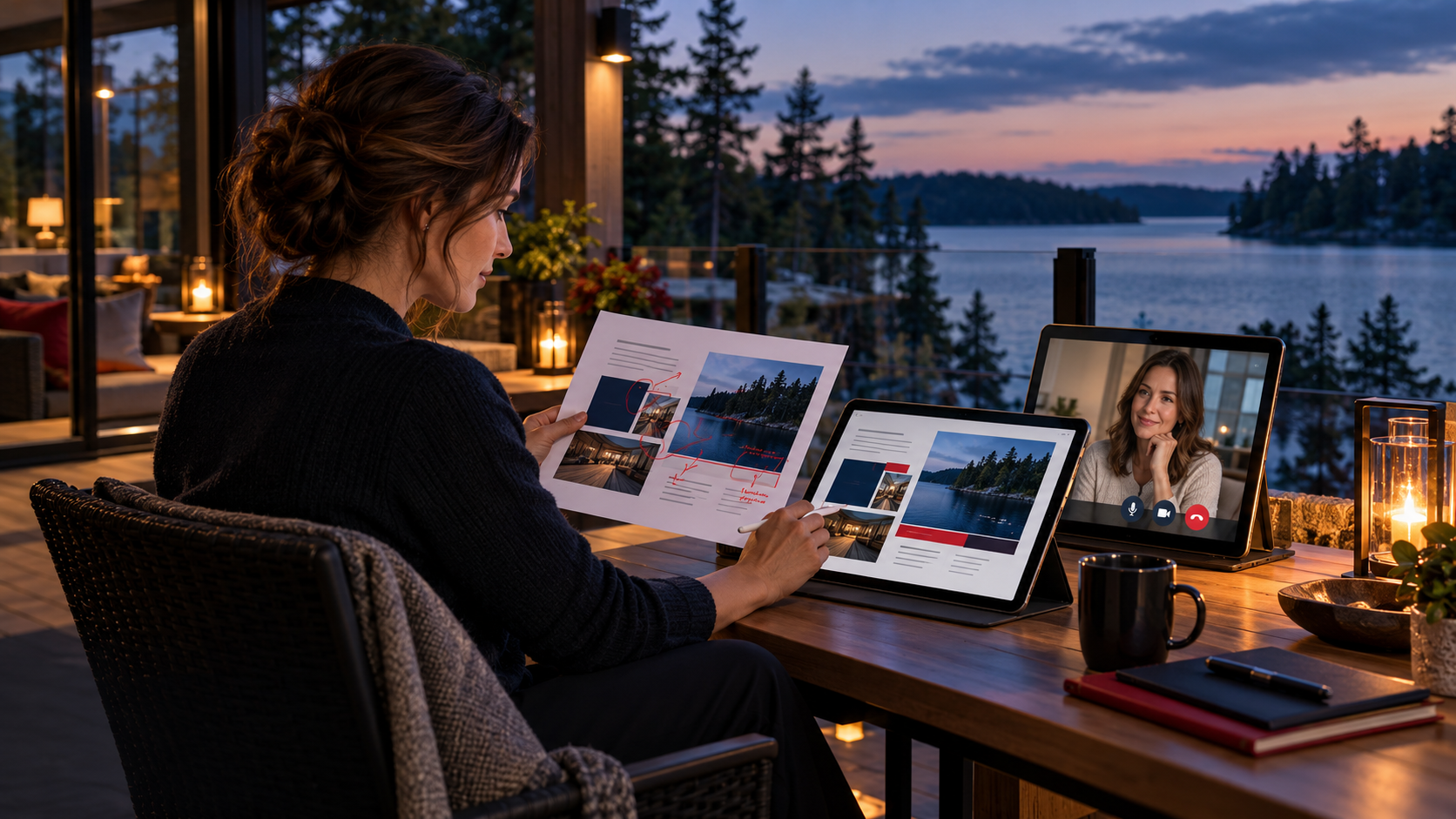 Designer reviewing a revised layout and marked-up proof with a client on a video call.