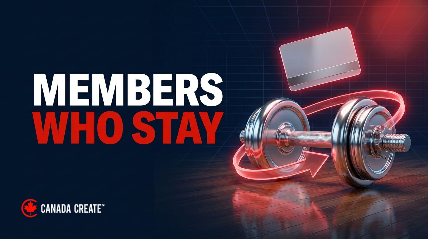 Members who stay: a chrome dumbbell circled by a red loop arrow with a membership key card floating above