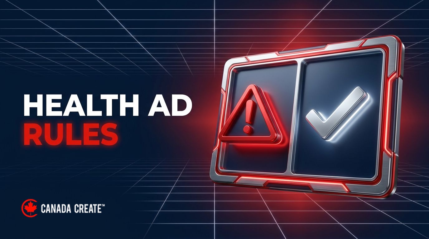 Health ad rules: a split frame with a red warning triangle over one panel and a silver checkmark over the other