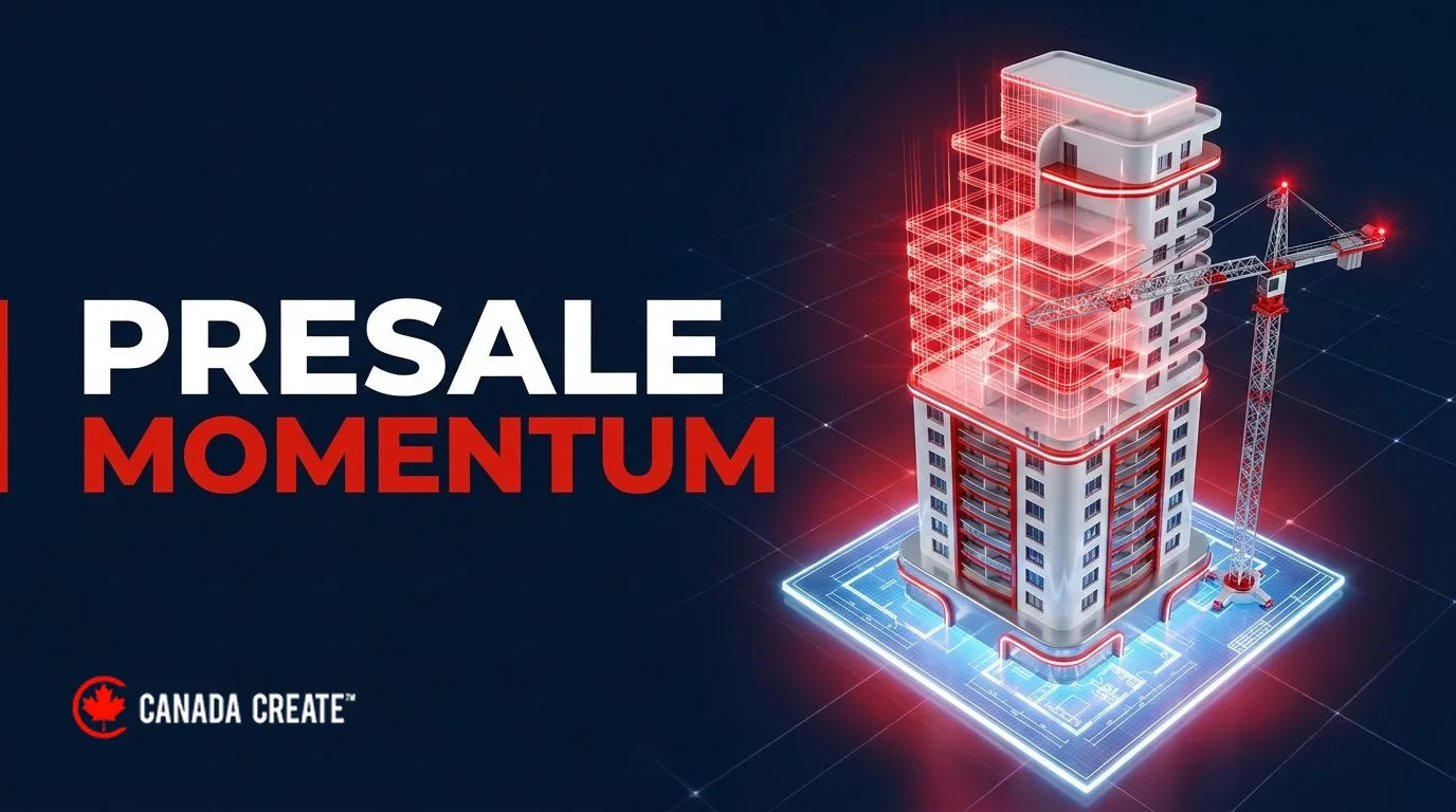 Presale momentum: a white condo tower rising from a glowing blueprint, upper floors forming in red wireframe beside a crane