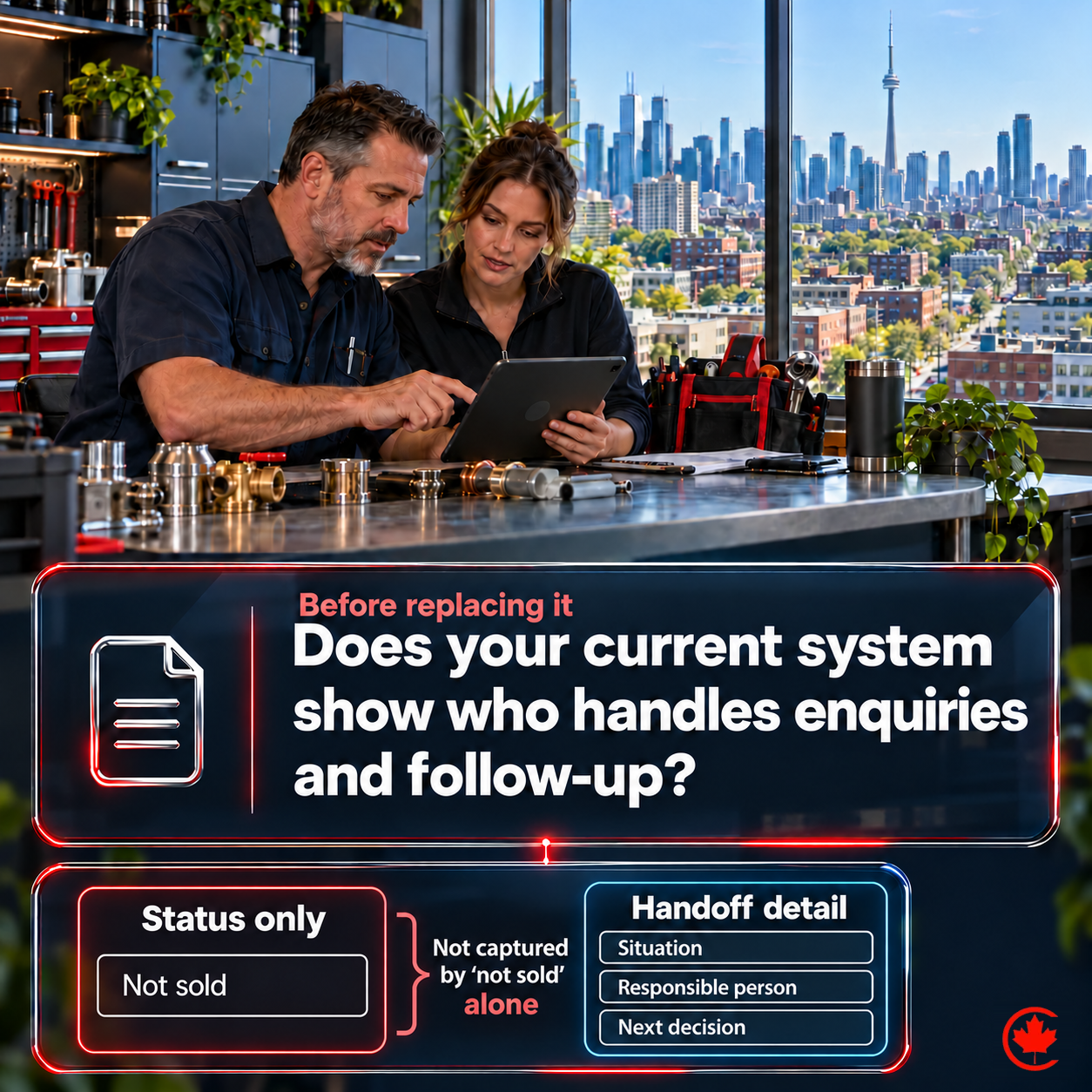 A home-service owner and coordinator review a tablet while glass panels ask whether their current system shows who handles enquiries and follow-up, before replacing it.