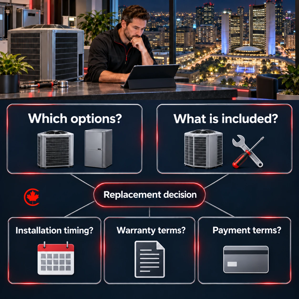 A replacement-decision panel connects to five questions about options, included work, timing, warranty terms and payment terms.
