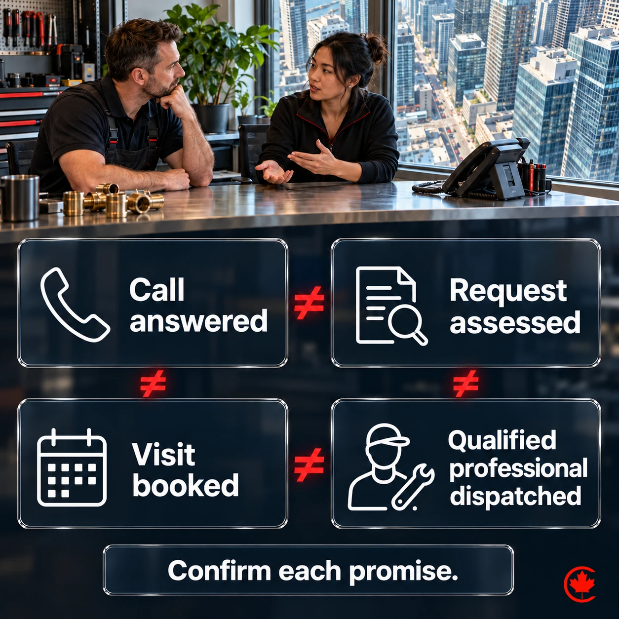 Four separate panels distinguish a call answered, a request assessed, a visit booked and a qualified professional dispatched, with a prompt to confirm each promise.