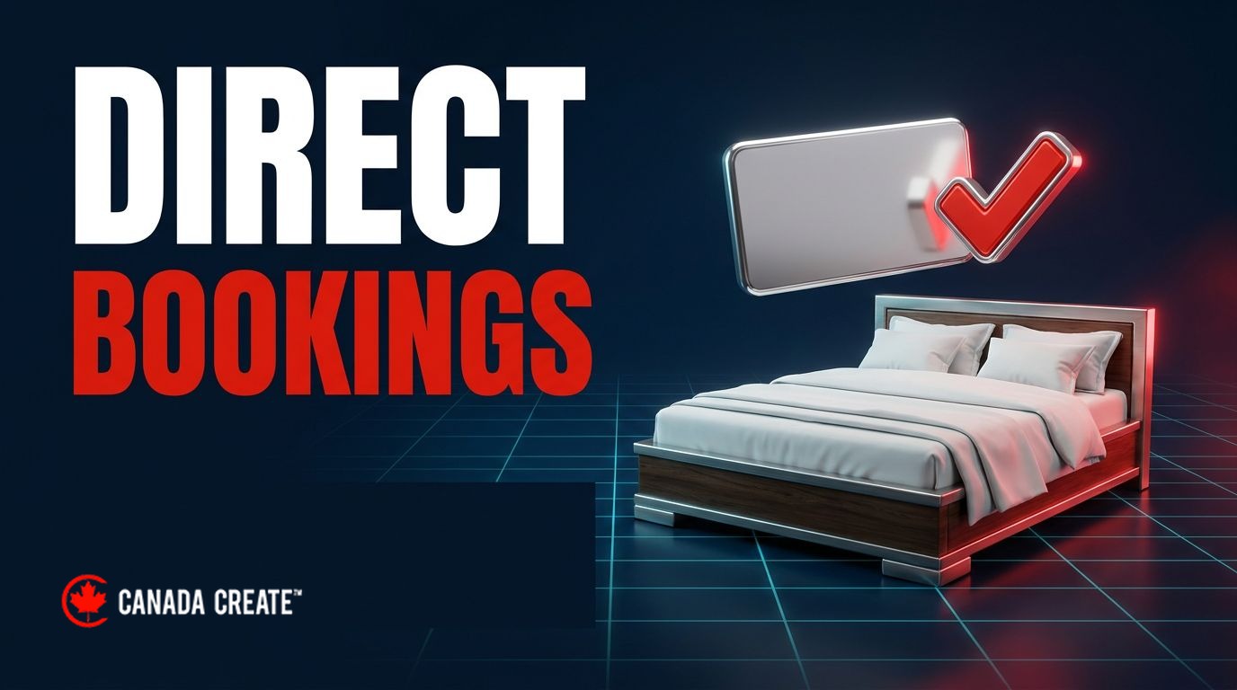 Direct bookings: a miniature hotel bed with white linens, a chrome key card floating above and a red checkmark