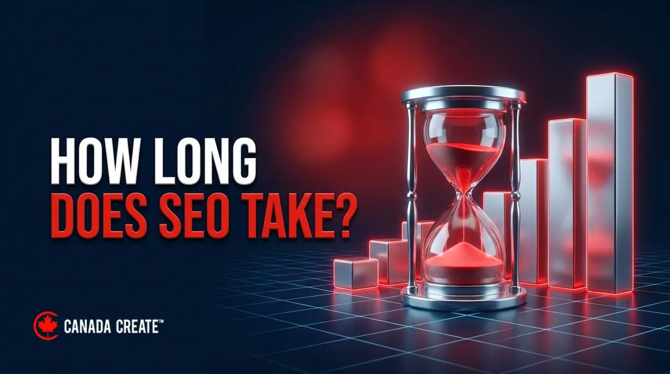 How long does SEO take: an hourglass with red sand in front of a rising bar chart
