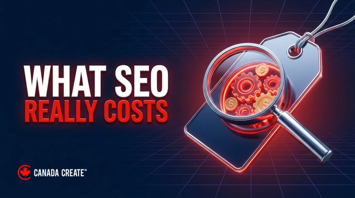 What SEO really costs: a magnifying glass revealing red gears and coins inside a blank price tag