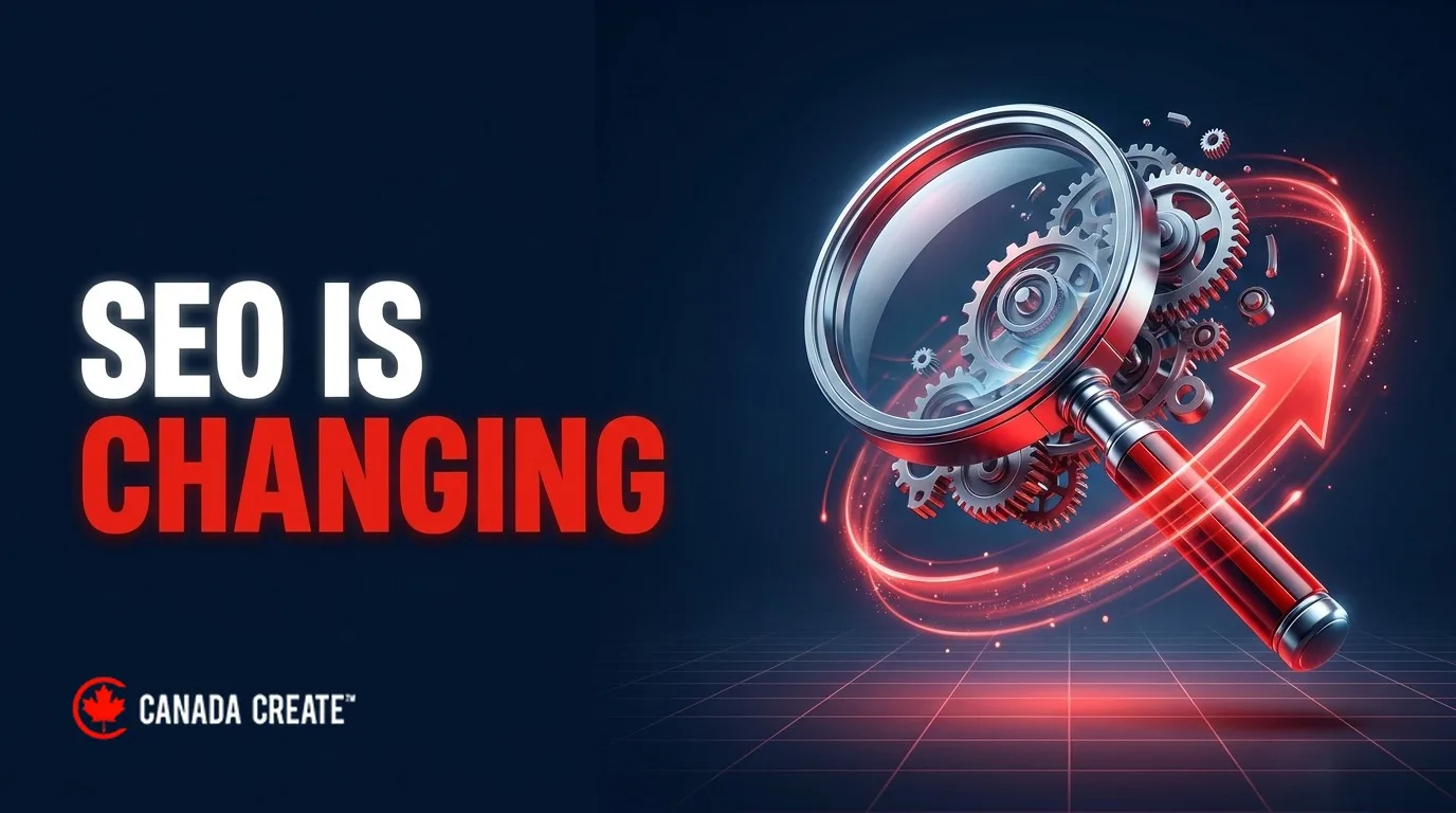SEO is changing: a magnifying glass breaking into gears with a red arrow looping around
