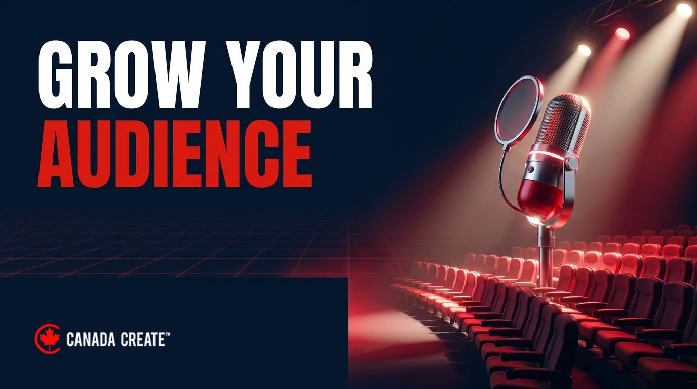 Grow your audience: a microphone on a stage with rows of seats lighting up