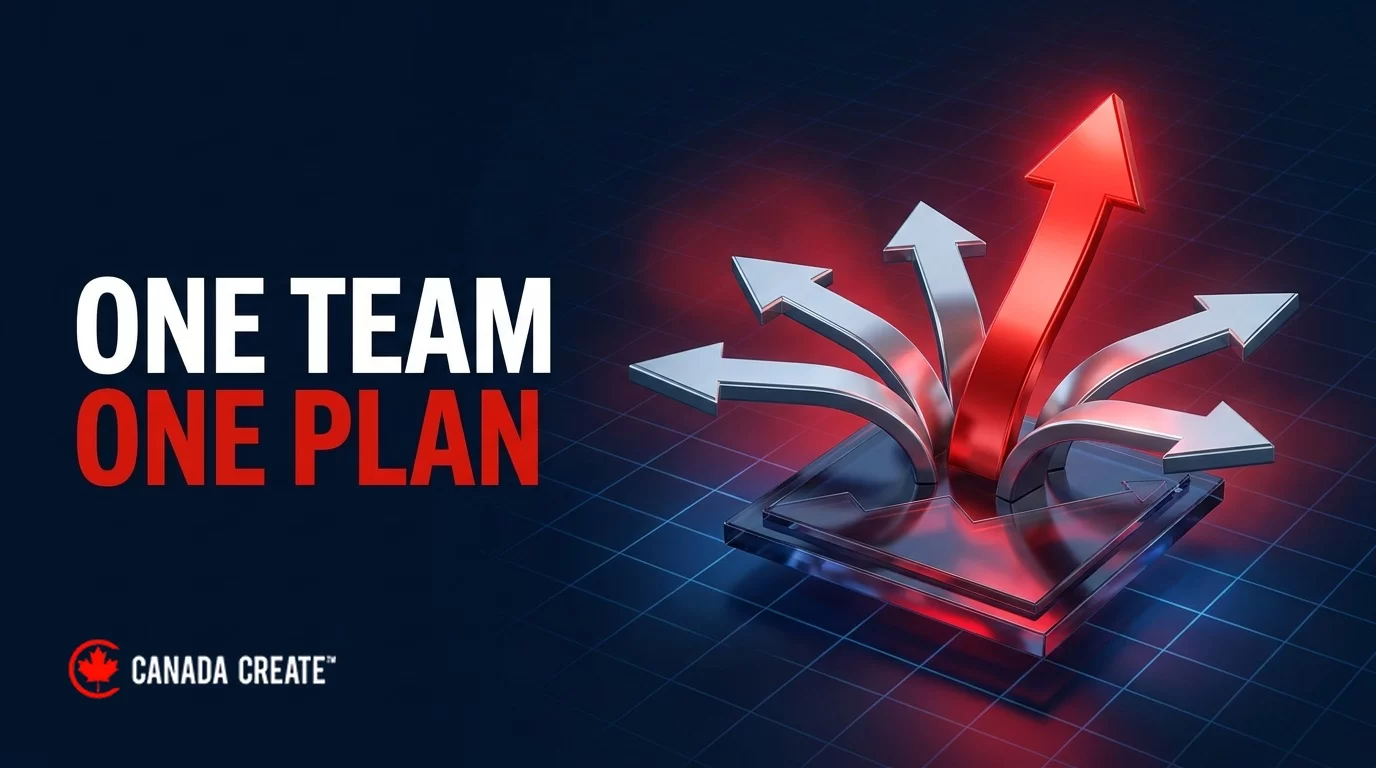 One team, one plan: silver arrows converging into one rising red arrow