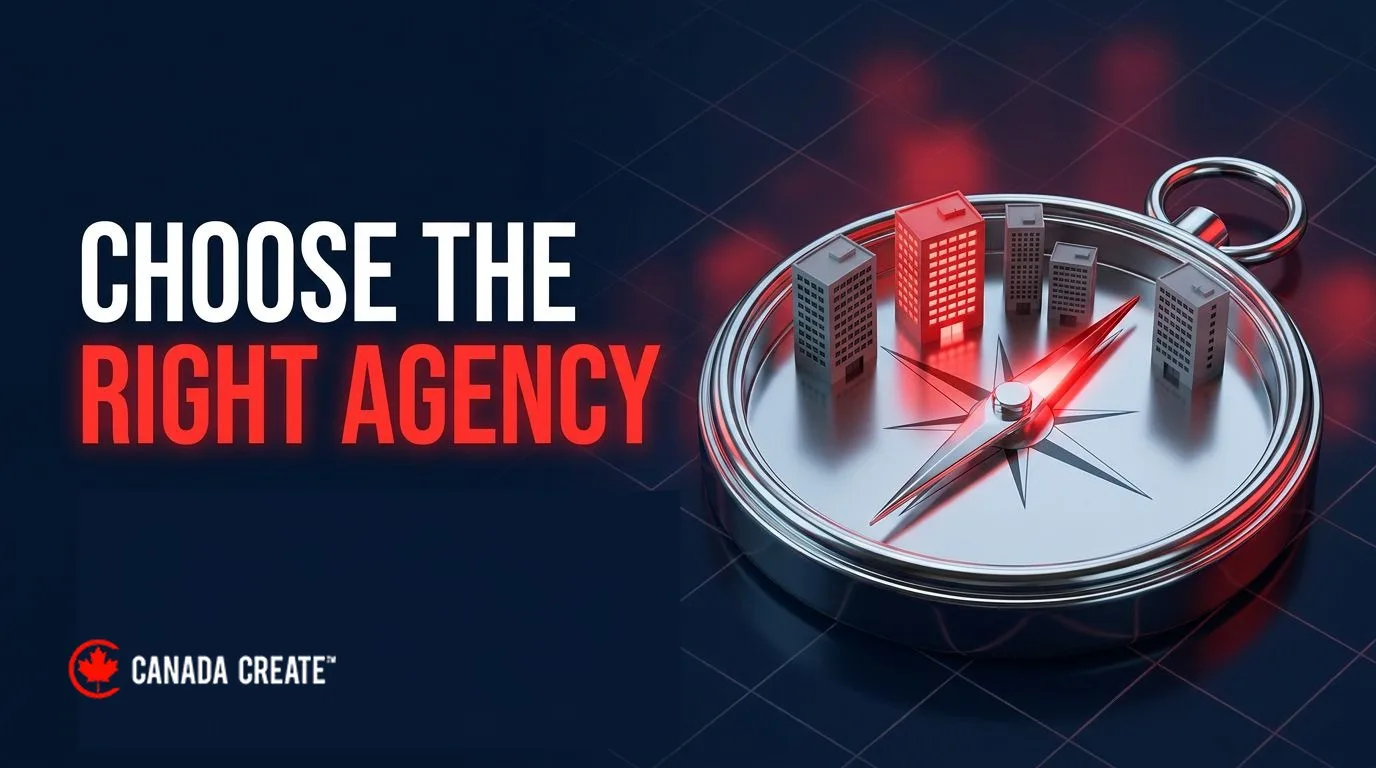 Choose the right agency: a compass needle pointing to one red office building among grey ones