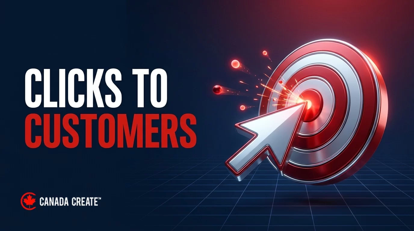Clicks to customers: a cursor arrow striking the centre of a target