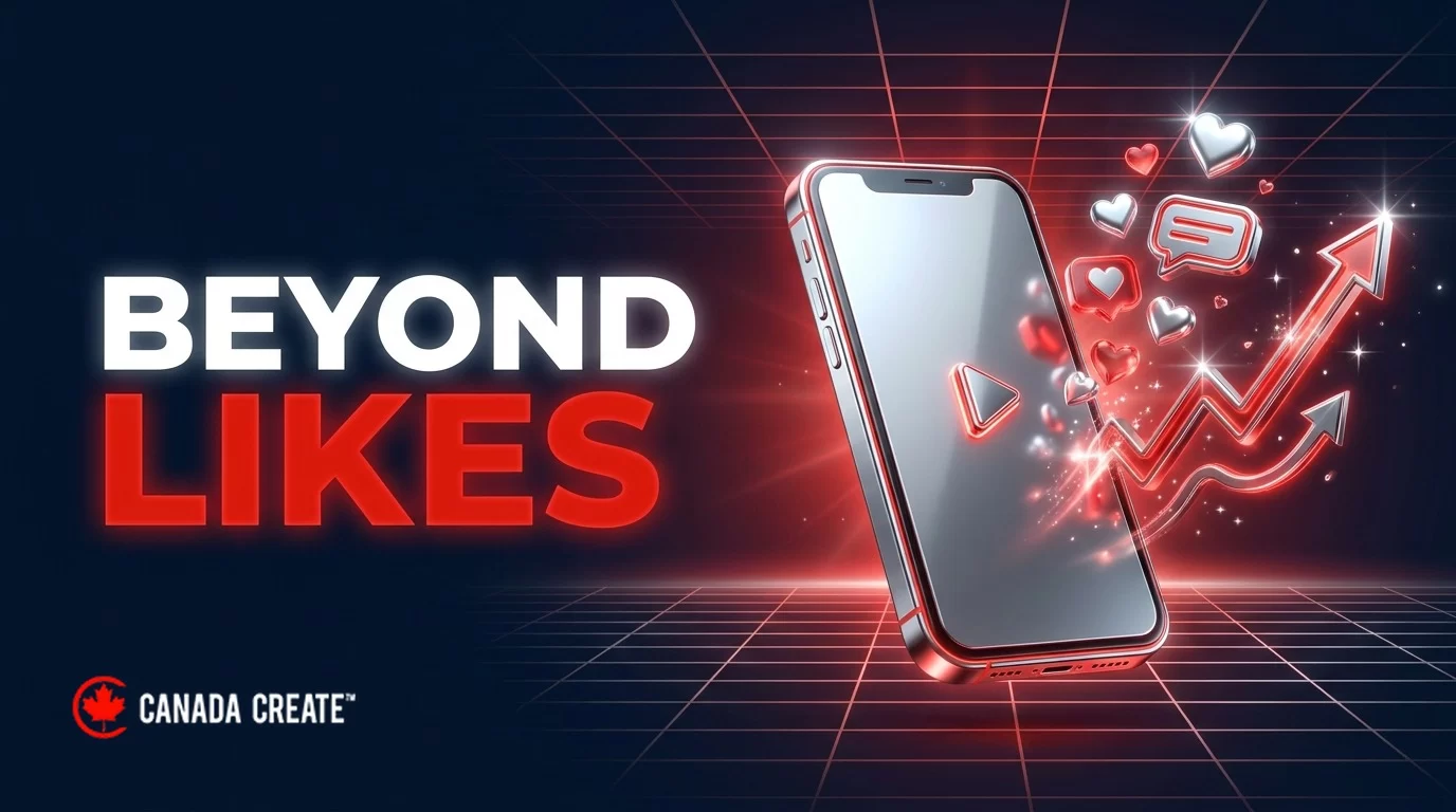 Beyond likes: a phone with a short video frame and engagement bubbles becoming a rising chart